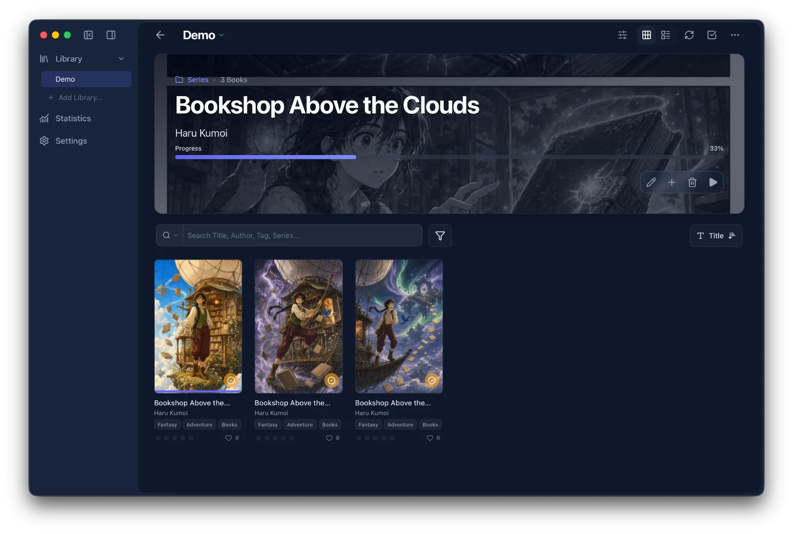 Series detail screen for Bookshop Above the Clouds