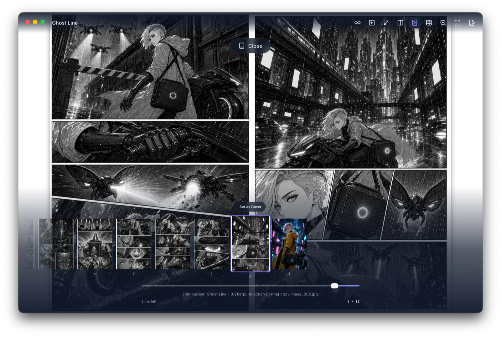 Viewer controls over a two-page comic spread